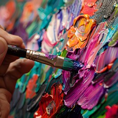 Macro shot of a paintbrush touching a canvas, with thick layers of colorful oil paint creating a vibrant abstract artwork. - obrazy, fototapety, plakaty