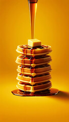 A stack of golden waffles on a vibrant yellow background. The waffles are drizzled with a generous amount