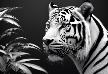 Fototapeta premium Monochrome Majesty: Black and White Portrait of a Majestic Bengal Tiger Amidst Foliage