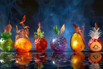 Colorful Glass Fruit Display with Smoke on Table Vibrant and Playful Decorative Ornaments for Home or Event Decor