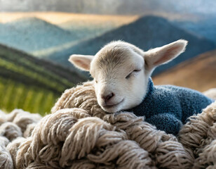 Cute little lamb sleeping on a knitted woolen scarf on the background of mountains.	