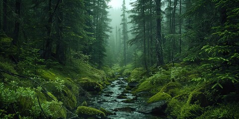 Obraz premium Misty forest landscape in Alaska