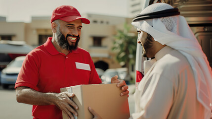 Arabian Delivery Courier in Red Polo Uniform Presents Cardboard Box to customer with a Smile
