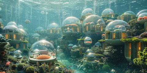 Enchanting Underwater Cityscape with Diverse Architecture and Flourishing Marine Life in Crystal Clear Ocean Waters