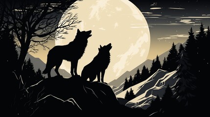 Elegant wolves silhouetted against a full moon on a snowy hilltop. - obrazy, fototapety, plakaty