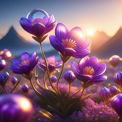 Evening Elegance: Purple Flowers in Field at Sunset - obrazy, fototapety, plakaty