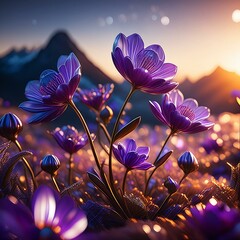 Field of Dreams: Purple Flowers in Sunset Light - obrazy, fototapety, plakaty