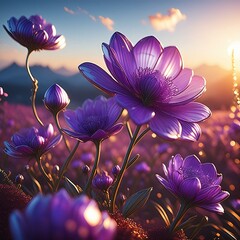 Sun-Kissed Petals: Close-Up of Purple Flowers in Sunset - obrazy, fototapety, plakaty
