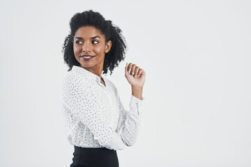 Business woman, thinking and attorney confidence in a studio with idea and smile. Career,...