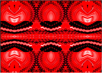 Abstract, a tribal symmetrical and vibrant pattern featuring sharp contrasts between red and black with repetitive shapes and motifs, within a border