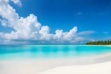 Fototapeta premium Beautiful sandy beach with white sand and rolling calm wave of turquoise ocean on Sunny day. White clouds in blue sky are reflected in water. Maldives, perfect aerial scenery. 