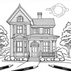 sketch drawing of house, illustration of a house, coloring book pages .
