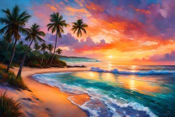 sunset over the beach - obrazy, fototapety, plakaty
