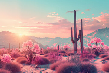 psychedelic vapor wave and surreal scenery with cactus in the desert, trippy sunset - obrazy, fototapety, plakaty