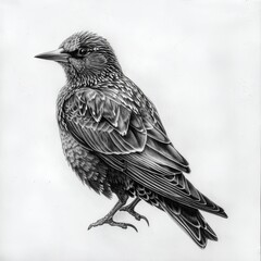 Detailed Pencil Sketch of a Starling Bird Black and White Drawing on a Blank White Background - obrazy, fototapety, plakaty