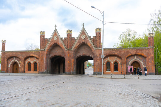 Kaliningrad, Russia - April 20 2024: Brandenburg Gate. Fortifications of Koenigsberg, neo gothic 19th century.