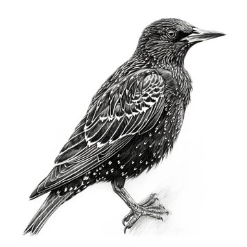 recommend clip art: Detailed Pencil Sketch of a Starling Bird Black and White Drawing on a Blank White Background