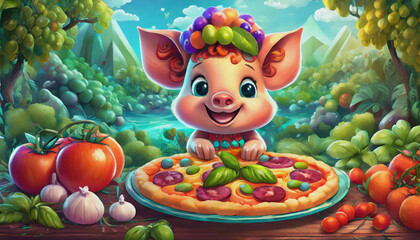oil painting style CARTOON CHARACTER CUTE piglet Tasty pepperoni pizza and cooking ingredients - obrazy, fototapety, plakaty