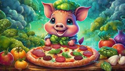 oil painting style CARTOON CHARACTER CUTE piglet Tasty pepperoni pizza and cooking ingredients - obrazy, fototapety, plakaty