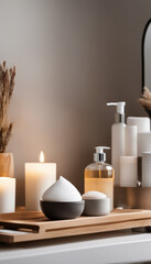 Obraz na płótnie Canvas Cozy spa atmosphere: candles, body oil, and decorative elements on a wooden shelf, neutral background