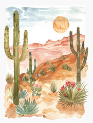 Western desert watercolor illustration. Covered by various types of cacti with a background of barren hilly terrain.