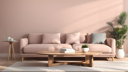 A living room with a pink couch and a coffee table