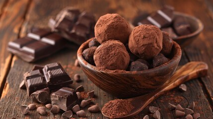 Chocolate pieces with cocoa powder in bowl and balls on wooden table