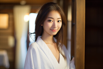 Teen pretty Japanese girl in a bathrobe