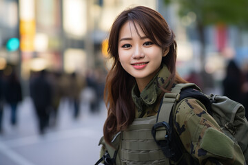 Teen pretty Japanese girl at outdoors in military uniform - obrazy, fototapety, plakaty