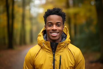 Young African American man wearing a rainproof coat