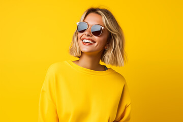 Fototapeta premium Young pretty blonde girl over isolated colorful background with sunglasses