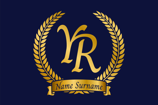 Initial letter Y and R, YR monogram logo design with laurel wreath. Luxury golden calligraphy font.