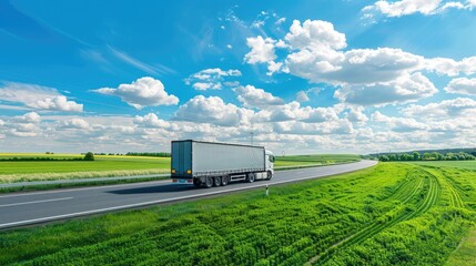 Freight truck on the highway under a bright blue sky, symbolizing logistics and transportation across scenic countryside - AI generated