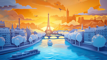 An illustration in the style of paper-cut of paris cityscape by river seine at sunset