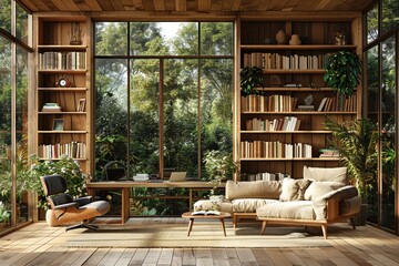 Fototapeta premium home office in the living room with wooden floor design style inspiration ideas