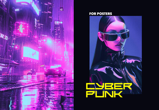 Fluorescent Cyberpunk Poster Photo Effect Mockup