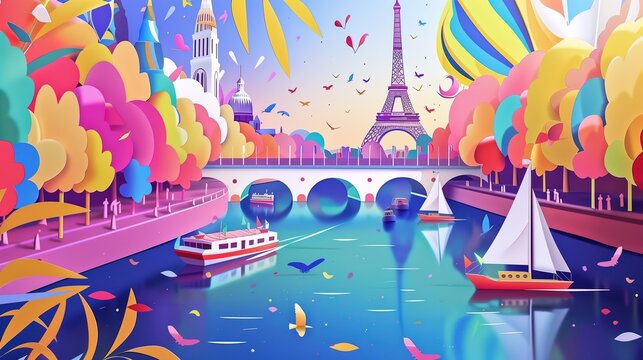 Illustration in the style of vector of cityscape of paris seine river 