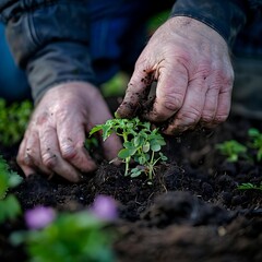 A gardener's soiled hands carefully transplanting a young seedling into the moist earth, embodying the spirit of growth and sustainability. - obrazy, fototapety, plakaty