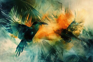 Naklejka premium An artistic depiction of abstract birds with watercolor-like wings, blending into the tropical landscape with a dreamy and ethereal quality