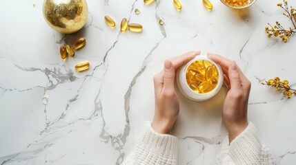 Hands holding a bottle of omega-3 supplements, part of a daily health and wellness routine, on a marble surface - AI generated - obrazy, fototapety, plakaty
