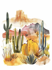 Western desert watercolor illustration. Covered by various types of cacti with a background of barren hilly terrain. - obrazy, fototapety, plakaty