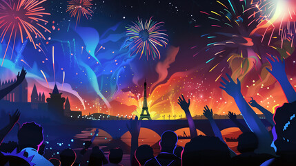 Fototapeta na wymiar crowd of people celebrating the paris olympics openning ceremony by river seine