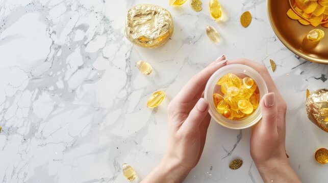 Hands holding a bottle of omega-3 supplements, part of a daily health and wellness routine, on a marble surface - AI generated