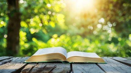 open book on a wooden board with a background of green trees exposed to bokeh sunlight