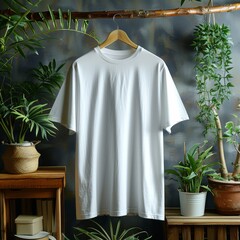 A white t-shirt is hanging on a wooden hanger in front of a plant background.