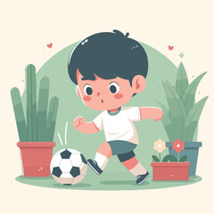 Vector a boy playing soccer with a soccer ball 
