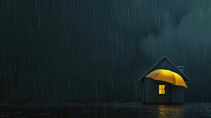 Miniature house protected by a red umbrella in the rain, a creative concept of home insurance and security - AI generated - obrazy, fototapety, plakaty