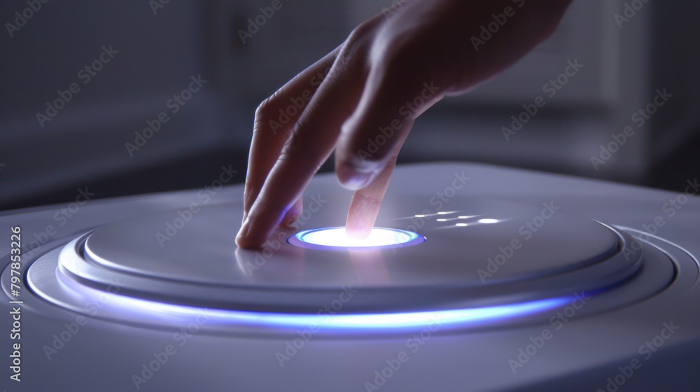Poster close-up of someones hand pressing a button on a modern electronic device, with focus on the action 