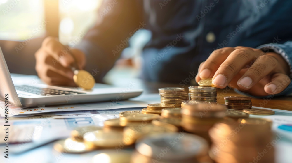 Aufkleber a person is sitting at a table with a laptop open in front of them, surrounded by stacks of coins. t