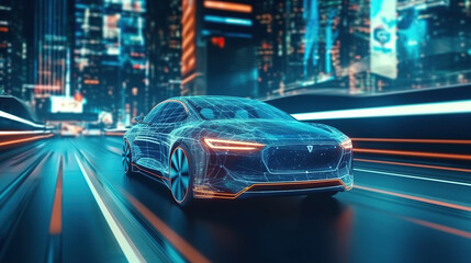 Sensing system and wireless communication network of vehicle. Autonomous car. Electric Sports Car in Cyber City